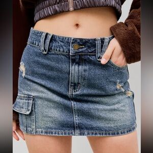 denim low waist solid ripped cargo mini skirt